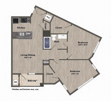 Floor plan for 2 beds, 1 bath, 1012 sqft