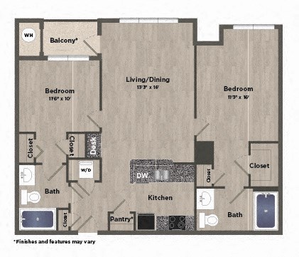 Floor plan for 2 beds, 2 baths, 1048 sqft