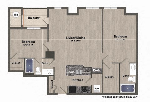Floor plan for 2 beds, 2 baths, 1160 sqft