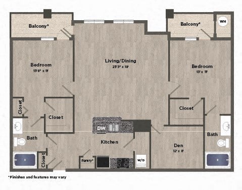 Floor plan for 2 beds, 2 baths, 1372 sqft
