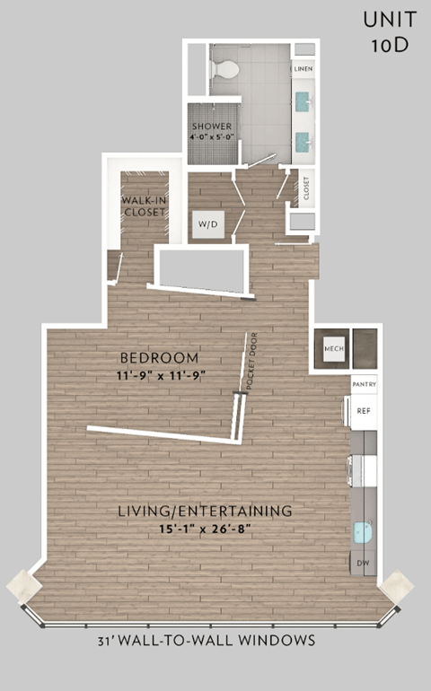 Floor plan for 1 bed, 1 bath, 1005 sqft
