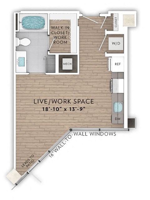 Floor plan for studio, 1 bath, 447 sqft