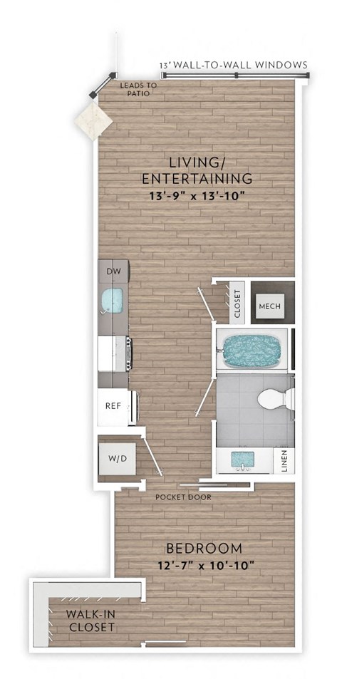 Floor plan for 1 bed, 1 bath, 609 sqft