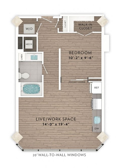 Floor plan for 1 bed, 1 bath, 632 sqft