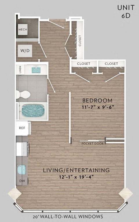 Floor plan for 1 bed, 1 bath, 641 sqft