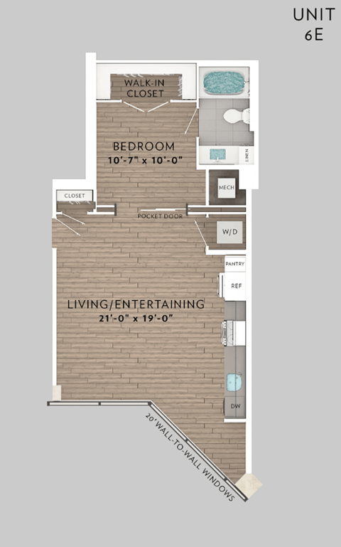 Floor plan for 1 bed, 1 bath, 670 sqft