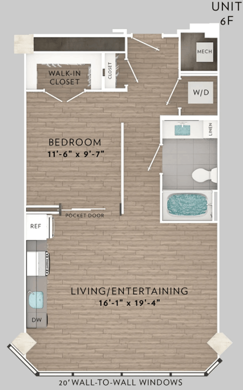 Floor plan for 1 bed, 1 bath, 679 sqft
