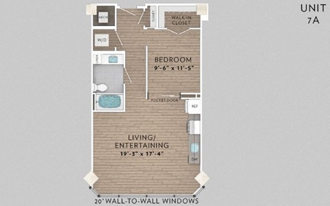 Floor plan for 1 bed, 1 bath, 691 sqft