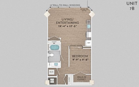 Floor plan for 1 bed, 1 bath, 697 sqft
