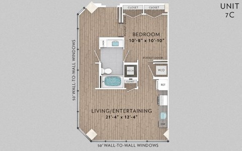 Floor plan for 1 bed, 1 bath, 715 sqft