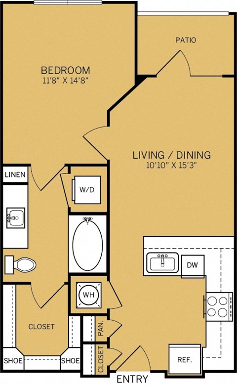 Floor plan for 1 bed, 1 bath, 652 sqft