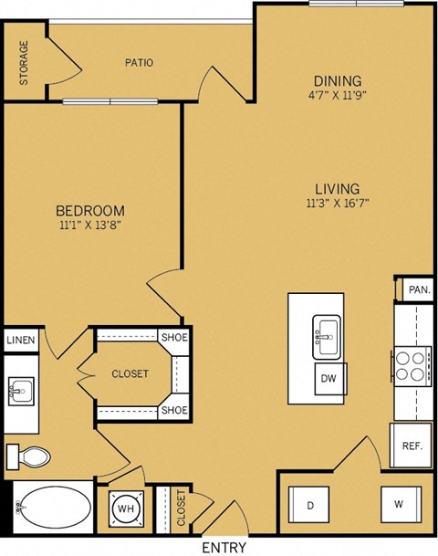 Floor plan for 1 bed, 1 bath, 850 sqft