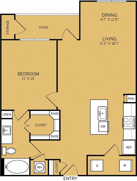 Floor plan for 1 bed, 1 bath, 868 sqft