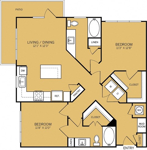 Floor plan for 2 beds, 2 baths, 1083 sqft