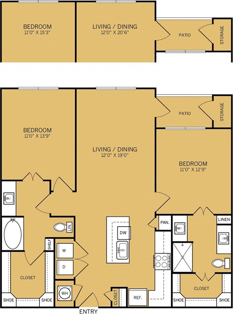 Floor plan for 2 beds, 2 baths, 1129 sqft