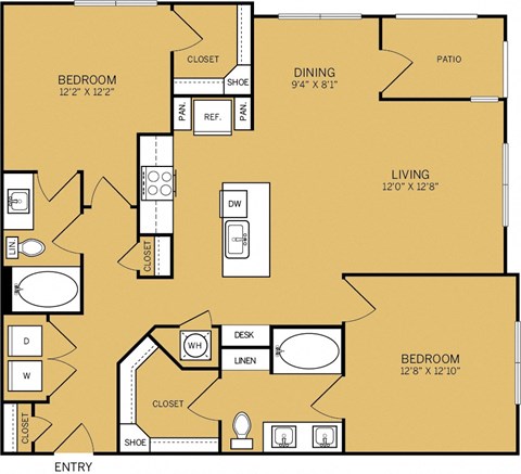 Floor plan for 2 beds, 2 baths, 1192 sqft