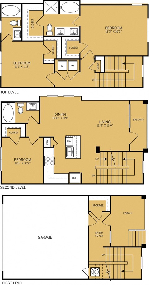 Floor plan for 3 beds, 3 baths, 1575 sqft