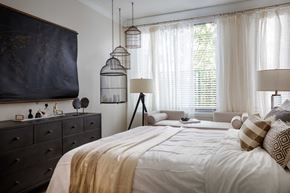 Houston apartment for rent - Bedroom with bed and oversized window at Grey House, Houston, 77027