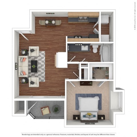 Floor plan for 1 bed, 1 bath, 690 sqft