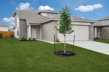 A tree in a yard in front of a house