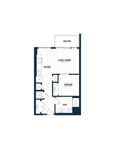 Floor plan for 1 bed, 1 bath, 600 sqft