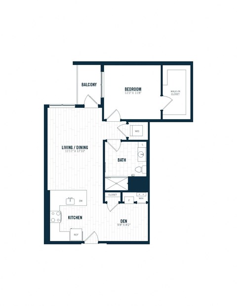Floor plan for 1 bed, 1 bath, 841 sqft