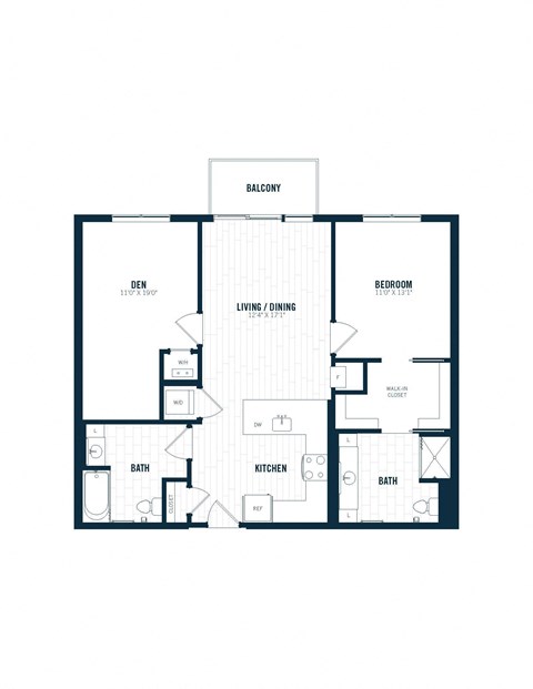 Floor plan for 1 bed, 2 baths, 1186 sqft