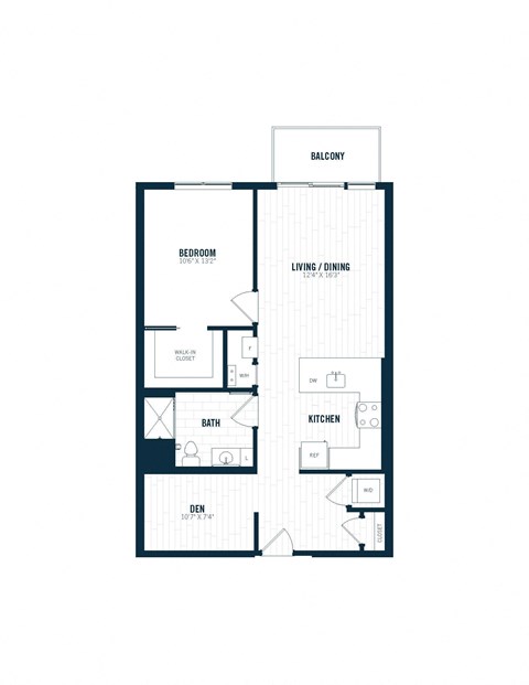 Floor plan for 1 bed, 1 bath, 864 sqft
