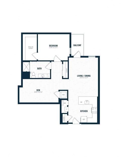 Floor plan for 1 bed, 1 bath, 932 sqft