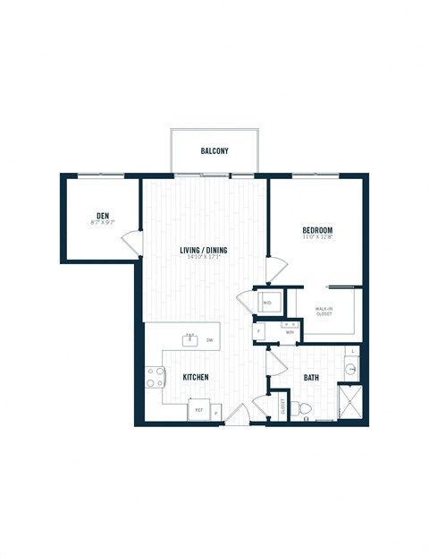 Floor plan for 1 bed, 1 bath, 895 sqft