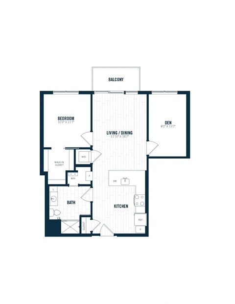 Floor plan for 1 bed, 1 bath, 905 sqft