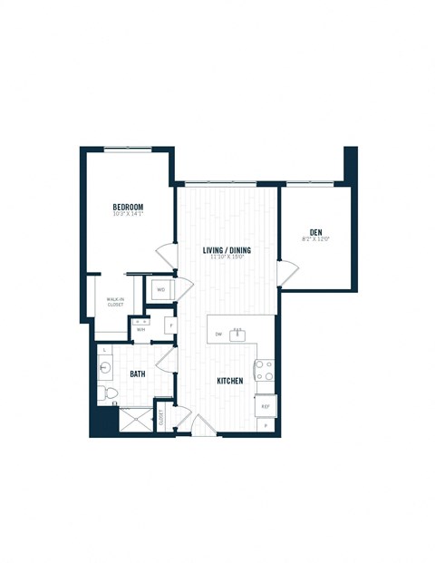 Floor plan for 1 bed, 1 bath, 880 sqft