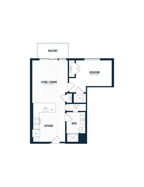 Floor plan for 1 bed, 1 bath, 678 sqft