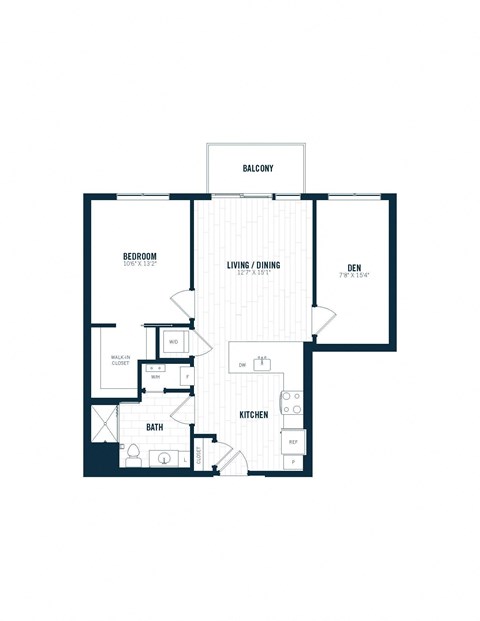 Floor plan for 1 bed, 1 bath, 844 sqft