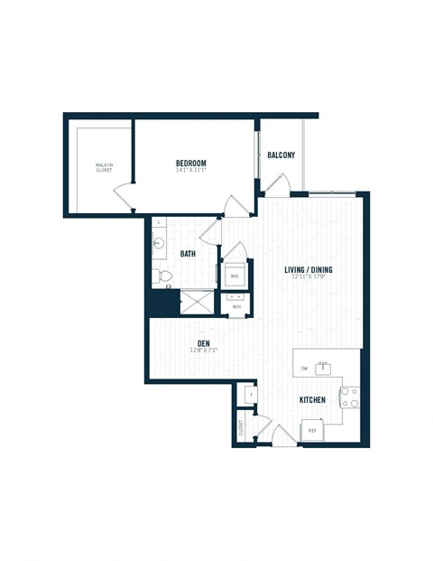 Floor plan for 1 bed, 1 bath, 885 sqft