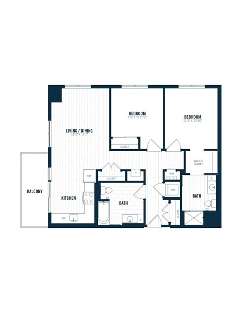 Floor plan for 2 beds, 2 baths, 1061 sqft