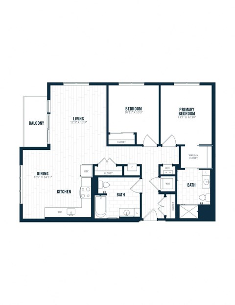 Floor plan for 2 beds, 2 baths, 1165 sqft