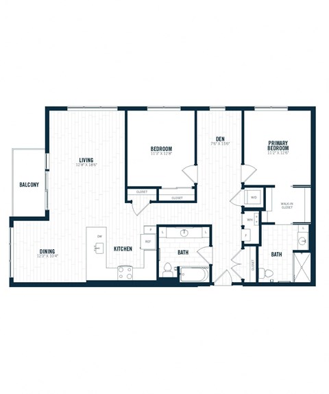 Floor plan for 2 beds, 2 baths, 1382 sqft