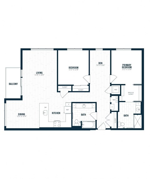 Floor plan for 2 beds, 2 baths, 1410 sqft