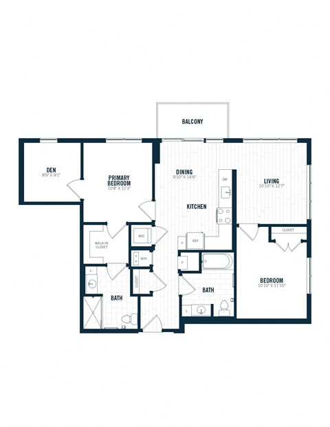 Floor plan for 2 beds, 2 baths, 1195 sqft