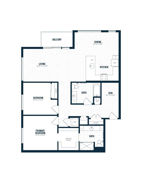 Floor plan for 2 beds, 2 baths, 1348 sqft