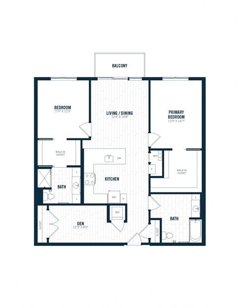 Floor plan for 2 beds, 2 baths, 1296 sqft