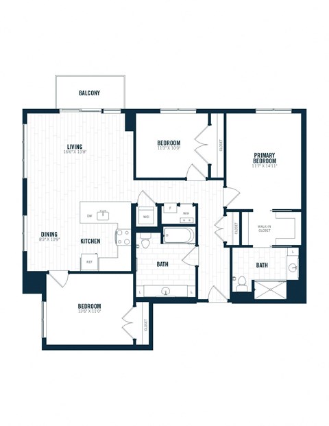 Floor plan for 3 beds, 2 baths, 1380 sqft