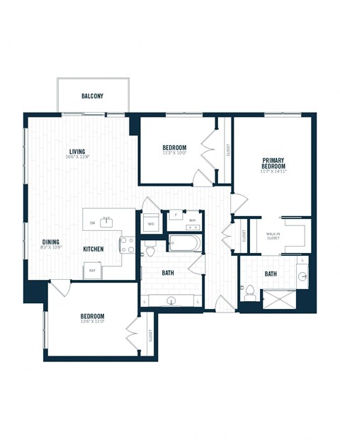 Floor plan for 3 beds, 2 baths, 1400 sqft
