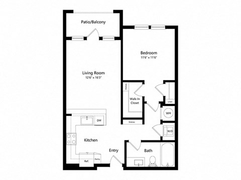 Floor plan for 1 bed, 1 bath, 697 sqft