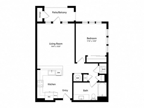 Floor plan for 1 bed, 1 bath, 732 sqft