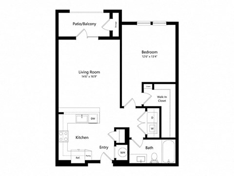 Floor plan for 1 bed, 1 bath, 805 sqft