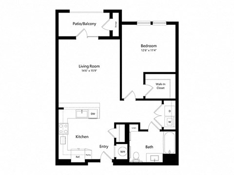 Floor plan for 1 bed, 1 bath, 805 sqft