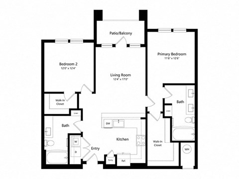 Floor plan for 2 beds, 2 baths, 1071 sqft