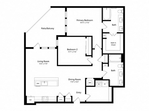 Floor plan for 2 beds, 2 baths, 1310 sqft